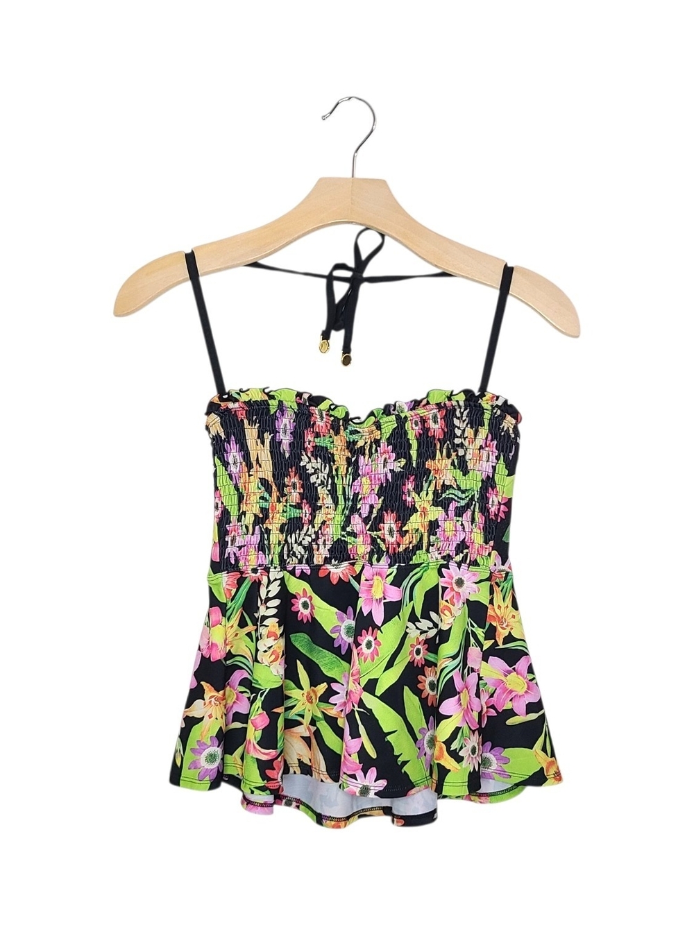 BONGO Black Floral Smocked Halter Tankini Top